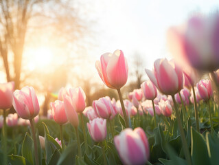 Wall Mural - Serene Sunset Over Vibrant Tulip Field