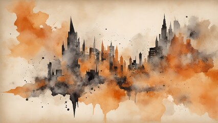  Abstract background with figures of buildings in ink and watercolor on parchment