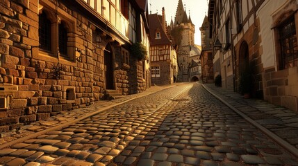 Wall Mural -  A cobblestone street featuring a clock tower at its end, surrounded by cobblestones on both sides and in the middle