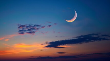 Wall Mural - Crescent moon in twilight sky after sundown with ample space for text, ideal for arabic islamic themes such as ramadan kareem, eid al-fitr, and eid al-adha celebrations