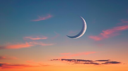 Wall Mural - Crescent moon in twilight sky after sundown with ample space for text, ideal for arabic islamic themes such as ramadan kareem, eid al-fitr, and eid al-adha celebrations