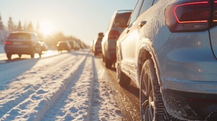 Poster -  A line of cars driving down a snow-covered road; sun shining through trees beyond