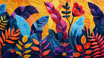 Wall Mural - Beautiful hand-drawn jungle motif embroidery on a textile print design with colorful abstract background