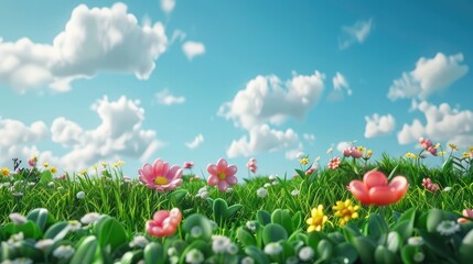 3D Cartoon Landscape with Grassy Meadow and Flowers