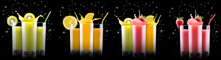 Wall Mural - Delicious Fruit Smoothies in glass with splash isolated on a black background