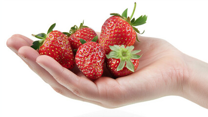 A woman's hand holding a handful of strawberries in her palm on a white background isolate.
