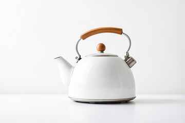 Sticker - White Kettle with Wooden Handle on a White Background