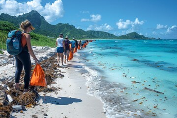 environmental volunteering a group of volunteers collecting trash along a beautiful beach, showcasin