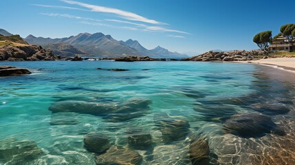 A stunning coastal landscape with a sandy beach, crystal-clear waters, and a dramatic mountain range rising from the sea, all under a bright, sunny sky. Minimal and Simple,