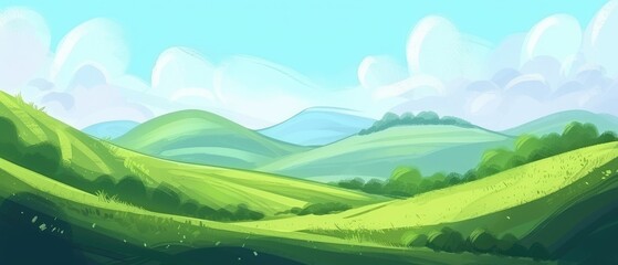 Sticker - Peaceful Green Valley Landscape with Blue Sky