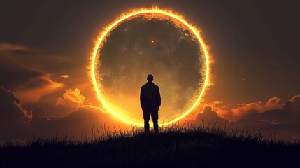Wall Mural -  A man stands atop a grassy hill under a sun-filled sky In the mid-heaven, a ring of fire encircles the heavens over a body of water