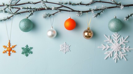 Christmas ornaments hanging on branch, ball cold ice