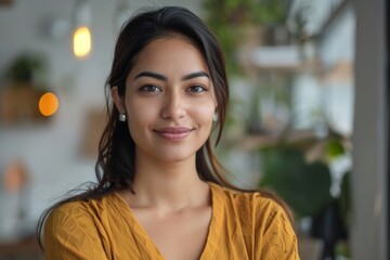 Wall Mural - Happy woman in yellow top with folded arms facing camera