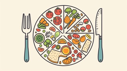 Wall Mural - A 2D outline graphic of a clean eating plate, featuring a portioned layout with proteins, grains, vegetables, and fruits, each section clearly labeled