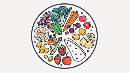 Wall Mural - A 2D outline graphic of a clean eating plate, featuring a portioned layout with proteins, grains, vegetables, and fruits, each section clearly labeled