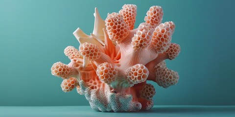 Wall Mural - Surreal coral-inspired sculpture on turquoise background