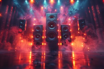 Dynamic speakers with vibrant lights and smoke on a stage, representing a powerful music or concert performance atmosphere.