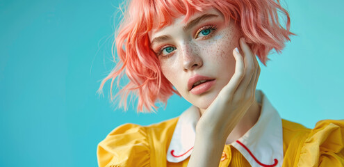 Wall Mural - Close-up portrait of a fashionable woman with neon pink hair, posing in a studio against a blue background, wearing a yellow top and white collar