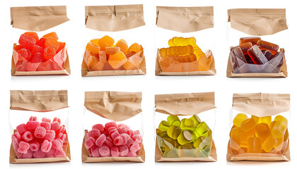 Canvas Print - Collage with paper bags of tasty jelly candies on white background, different sides