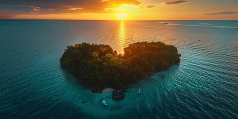 Love Holiday Concept. Sunrise Aerial Shot of Paradise Island in the Shape of a Heart.