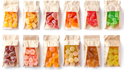 Canvas Print - Collage with paper bags of tasty jelly candies on white background, different sides