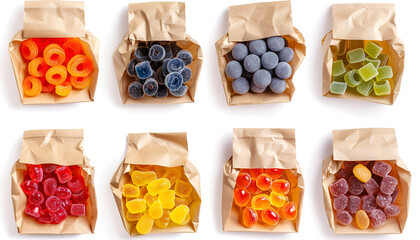 Canvas Print - Collage with paper bags of tasty jelly candies on white background, different sides