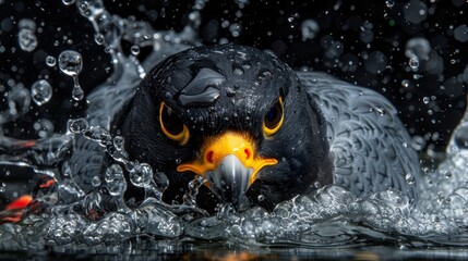 Wall Mural -  A tight shot of a bird dipped in water, its visage speckled with droplets, contrasting against a dark body of water and an unyielding black backdrop