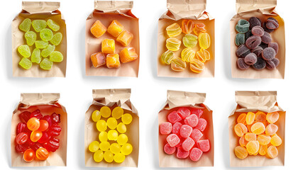 Canvas Print - Collage with paper bags of tasty jelly candies on white background, different sides