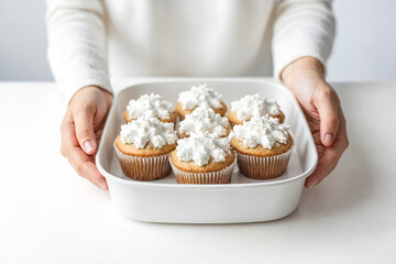 Sticker - Close up of a woman holding a white baking dish with cupcakes