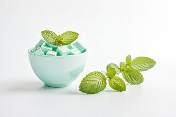 Canvas Print - Bowl of Fresh Mint Cubes with Mint Sprigs