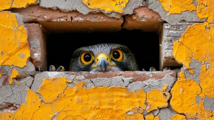 Wall Mural -  A tight shot of an owl gazing from a hollow in a weathered cement wall Yellow paint is flaking off its edges, revealing the hole's center