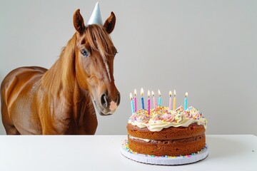  Horse in Party Hat Celebrating Birthday with Cake and Candles - Fun and Unique Animal Celebration Stock Photo