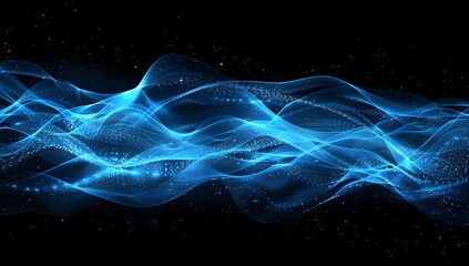 Wall Mural - Abstract blue glowing digital wireframe mesh waves on a black background, in the futuristic network technology concept style of technology

