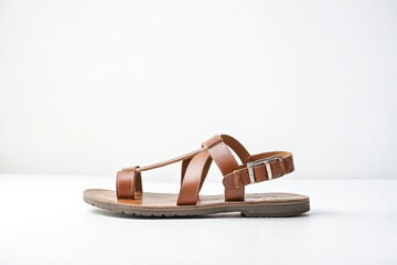 Wall Mural - Brown leather sandals with buckle on white background