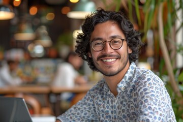 Canvas Print - Man in glasses and blue shirt smiling at table