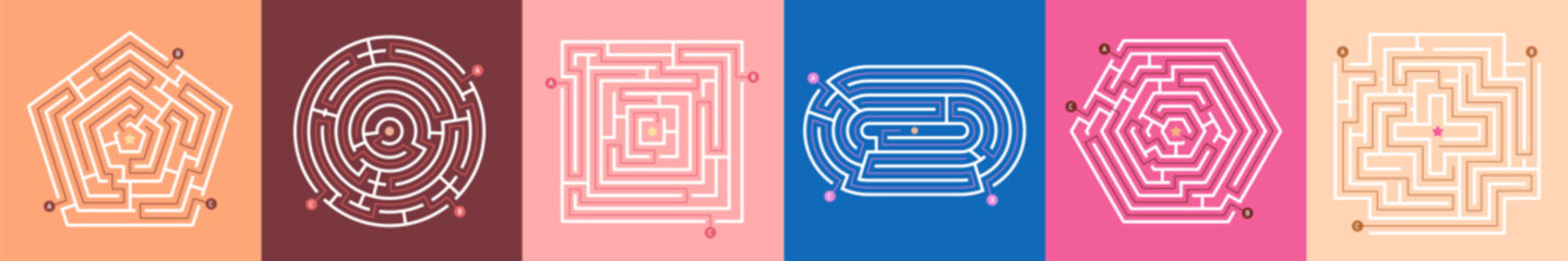 Maze game collection. Labyrinth, puzzle with entrance, exit, path search. Kids riddle, mental conundrums set. Quiz maps, schemes for finding direction, right way, route. Flat vector illustration