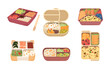 © Александра Гвардейце - Bento boxes and lunch boxes with different food and snacks vector illustrations with textures set isolated on white. Opened food containers with different meal.