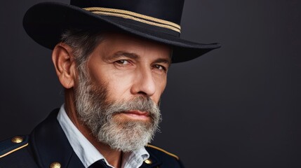 Wall Mural -  A tight shot of a bearded man in a suit and hat, wearing a tie, against a black backdrop