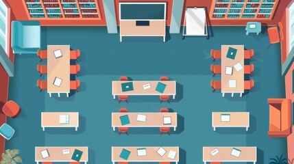Modern hightech education flat design top view virtual classroom animation monochromatic color scheme