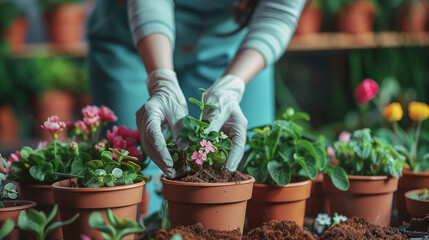 Woman Gardener Transplanting Houseplants in a Vibrant Garden