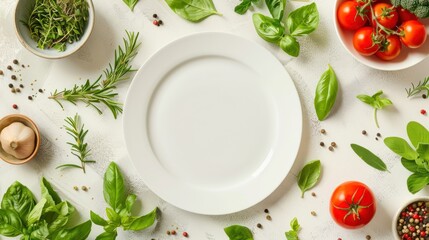 Wall Mural - White plate with herbs and spices for food concept