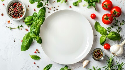 Wall Mural - Empty white plate with fresh cooking ingredients