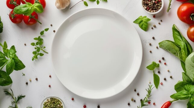 Empty dinner plate with tomato and herbs