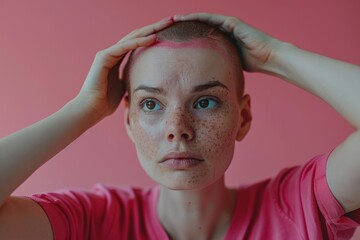 Wall Mural - Woman blonde freckles head pink shirt