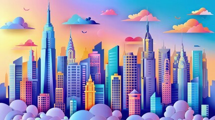 Wall Mural - A vibrant paper cut work skyline with a mix of colorful skyscrapers and landmarks, set against a gradient twilight sky filled with soft clouds.