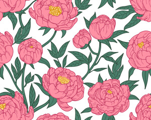 Aufkleber - Peony flowers, seamless pattern. Floral print, botanical background with gorgeous blooms. Endless design, garden blossom drawing. Hand-drawn vector illustration for textile, wrapping, decoration