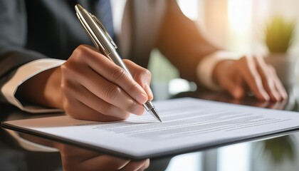 Close-up of a businessperson in a suit signing a document at a desk. The professional environment and the focused action reflect responsibility and attention to detail. 