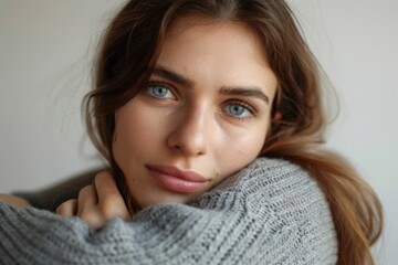 Wall Mural - Female, blue eyes, gray sweater