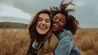 © road to millionaire - Two joyful young female friends sharing a hearty laugh in a natural setting, showcasing diversity and happiness