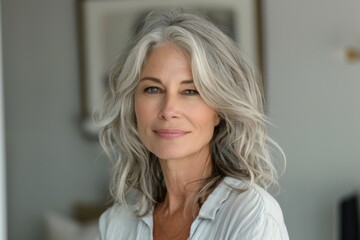 Wall Mural - Blonde woman grey hair white shirt posing